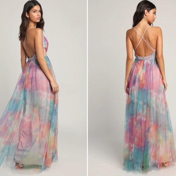 LULU's Prom Wedding Special Event Sexy Flowy Colorful Tulle Tie Dye Maxi Dress - Picture 4 of 10